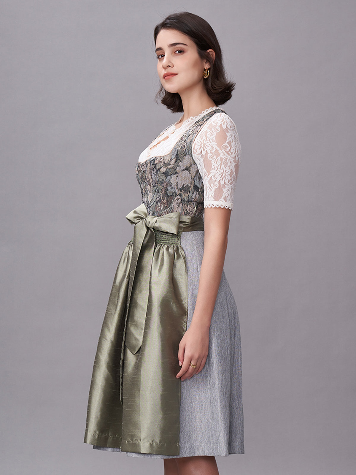 Damen Grün Zwei verdeckte Eingriffstaschen Floralem Muster Dirndl BIANCA