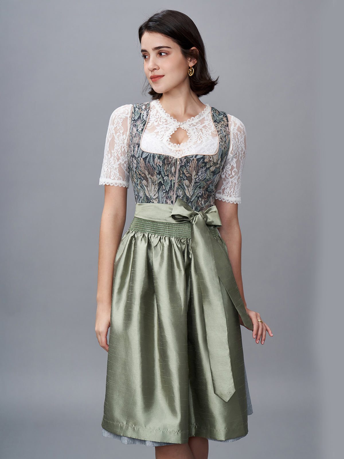 Damen Grün Zwei verdeckte Eingriffstaschen Floralem Muster Dirndl BIANCA