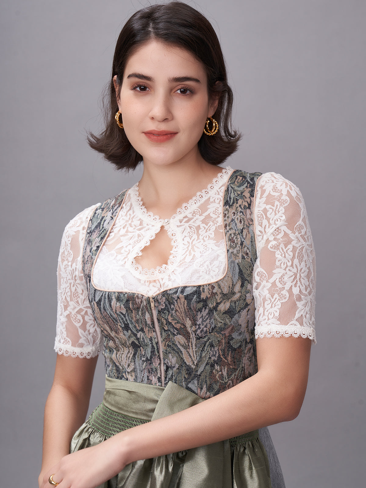 Damen Grün Zwei verdeckte Eingriffstaschen Floralem Muster Dirndl BIANCA