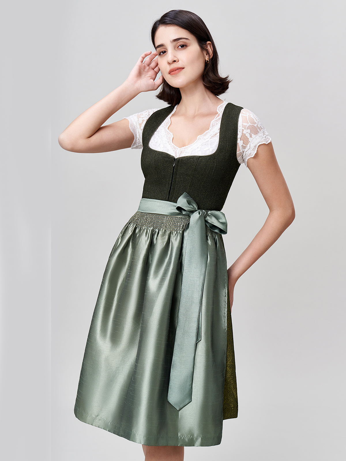 Damen Grün Zwei verdeckte Eingriffstaschen Strukturierter Dirndl DORA