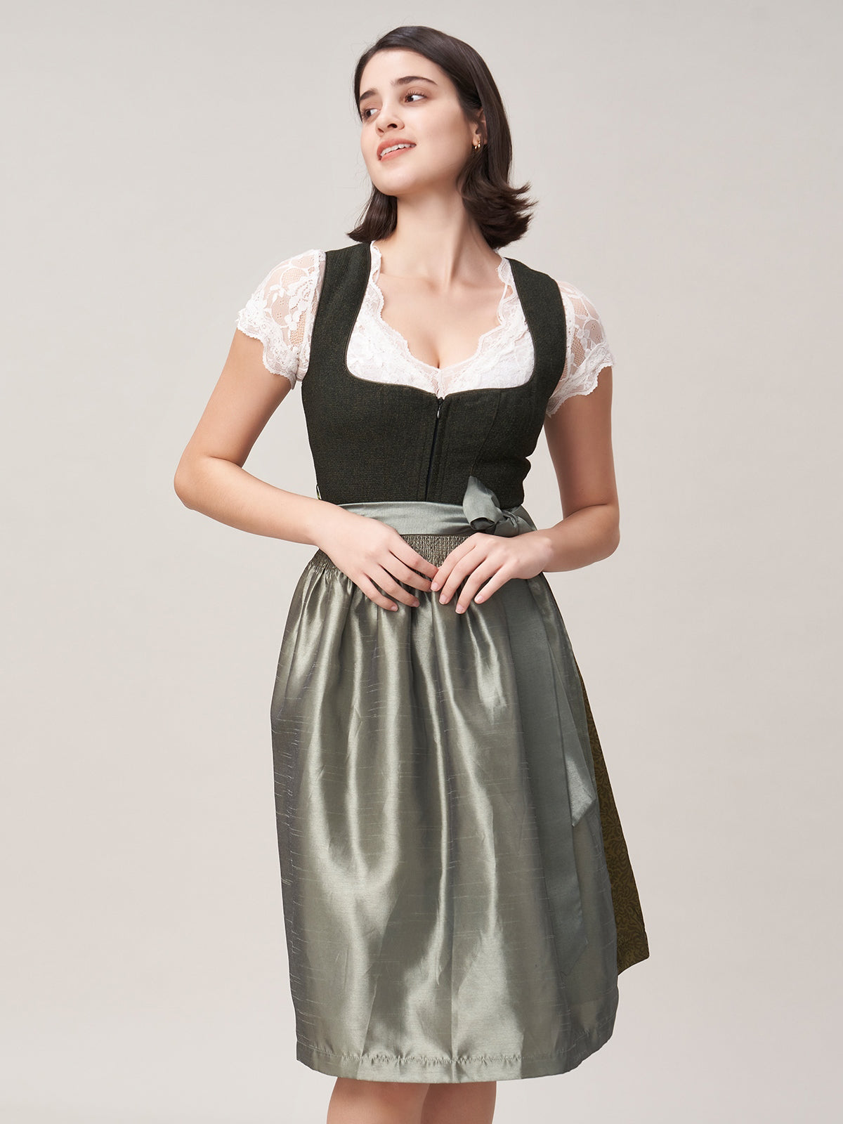 Damen Grün Zwei verdeckte Eingriffstaschen Strukturierter Dirndl DORA