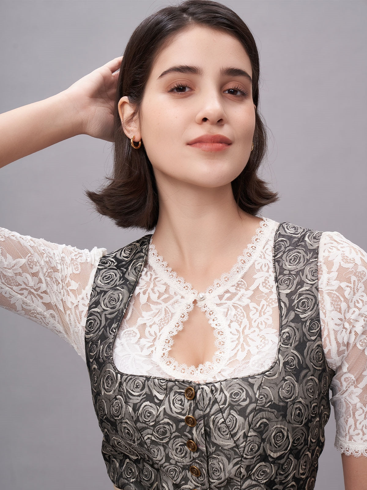 Damen Gelb Zwei verdeckte Eingriffstaschen Floralem Muster Dirndl NADINE