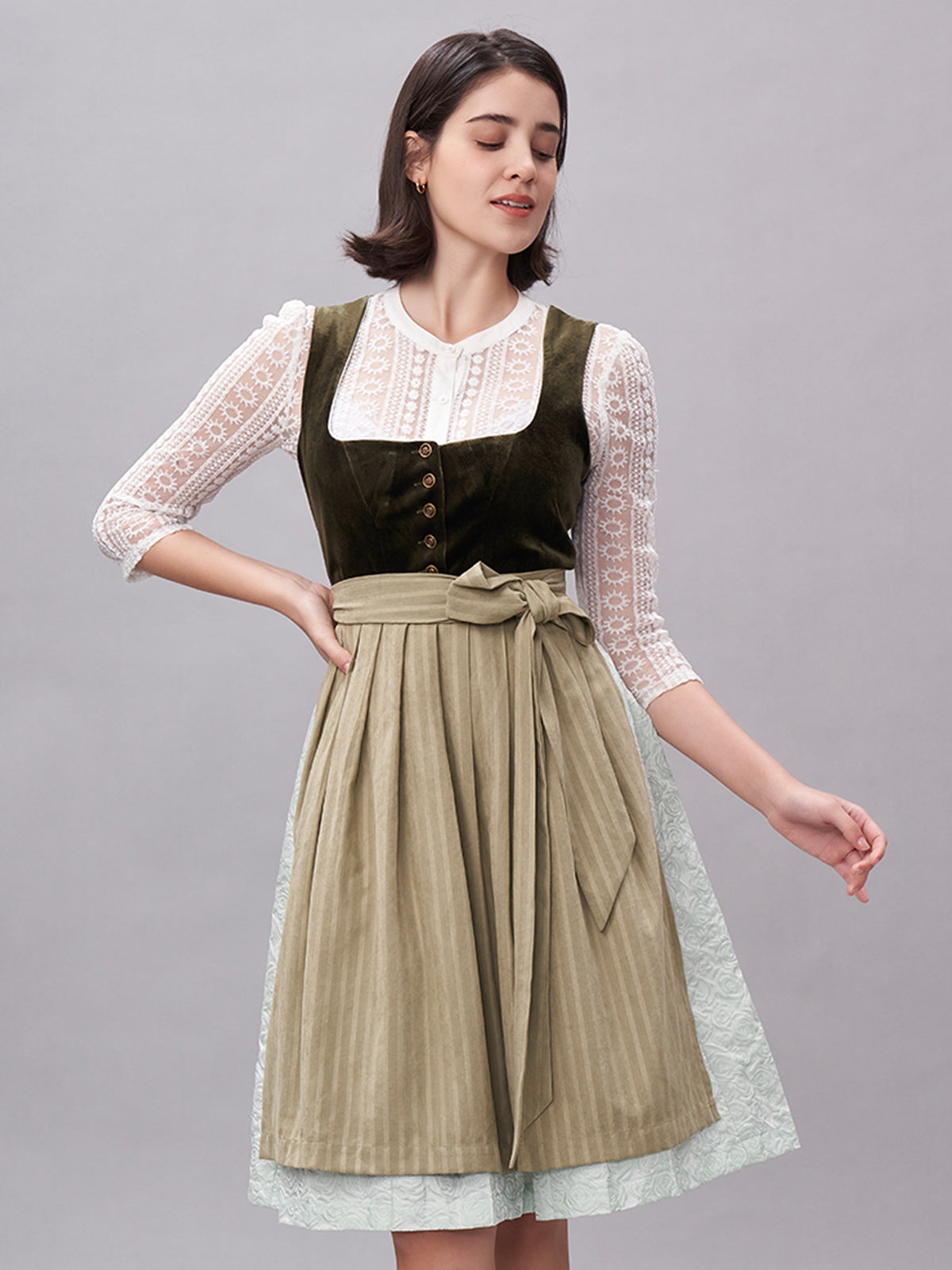 Damen Grün Zwei verdeckte Eingriffstaschen Floralem Muster Dirndl NICOLE